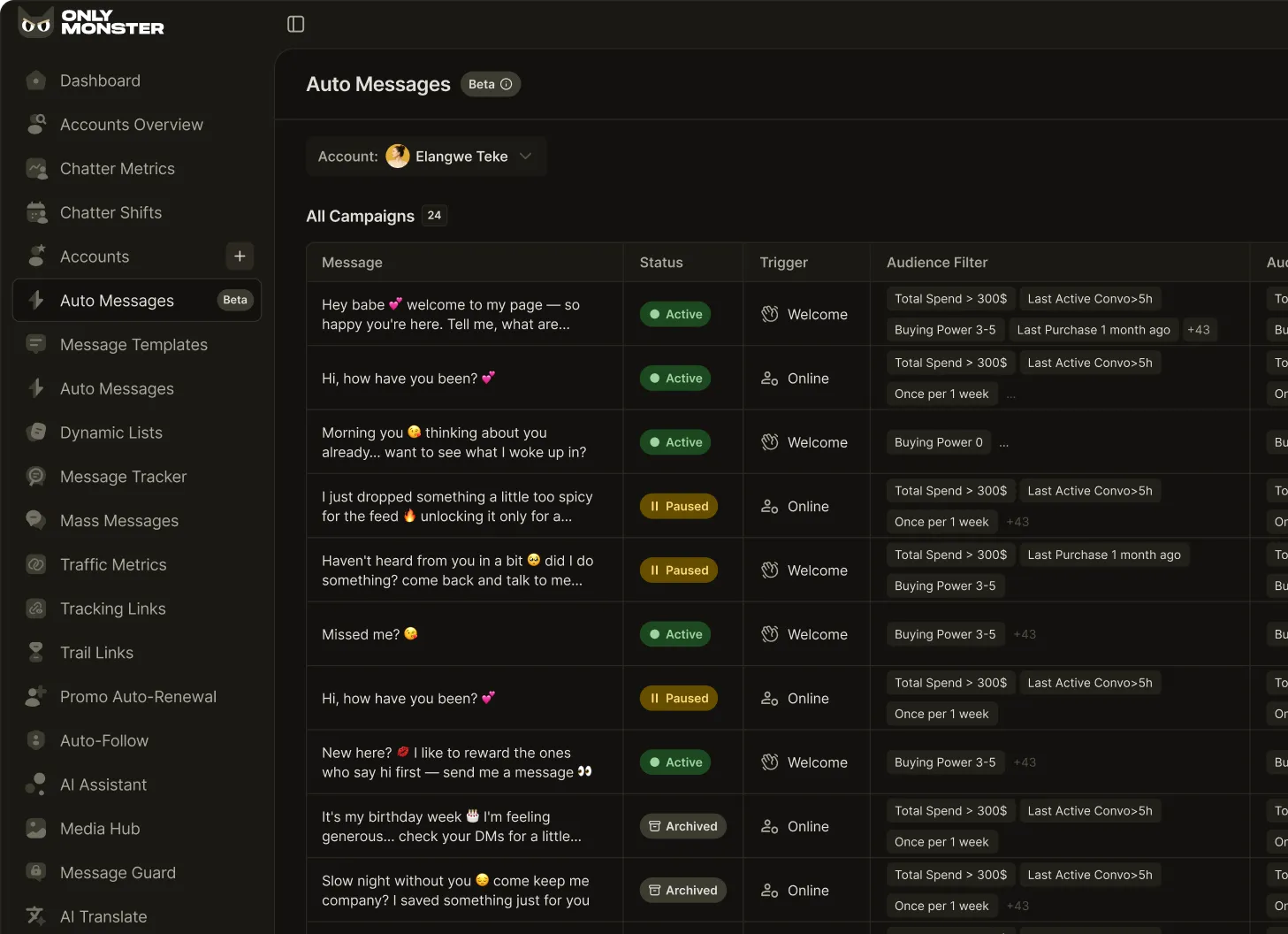 OnlyMonster Auto Messages dashboard in 2024