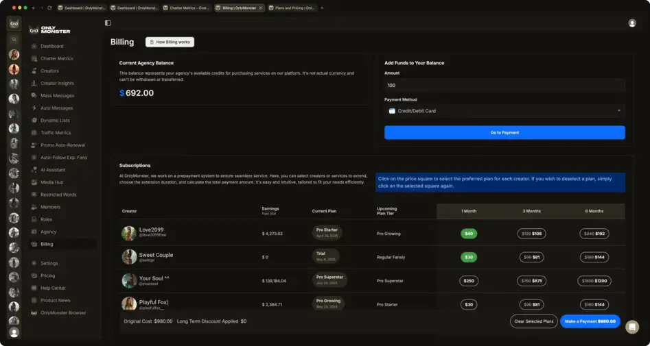 OnlyMonster billing dashboard showing balance, payment form, and creator subscription plans.