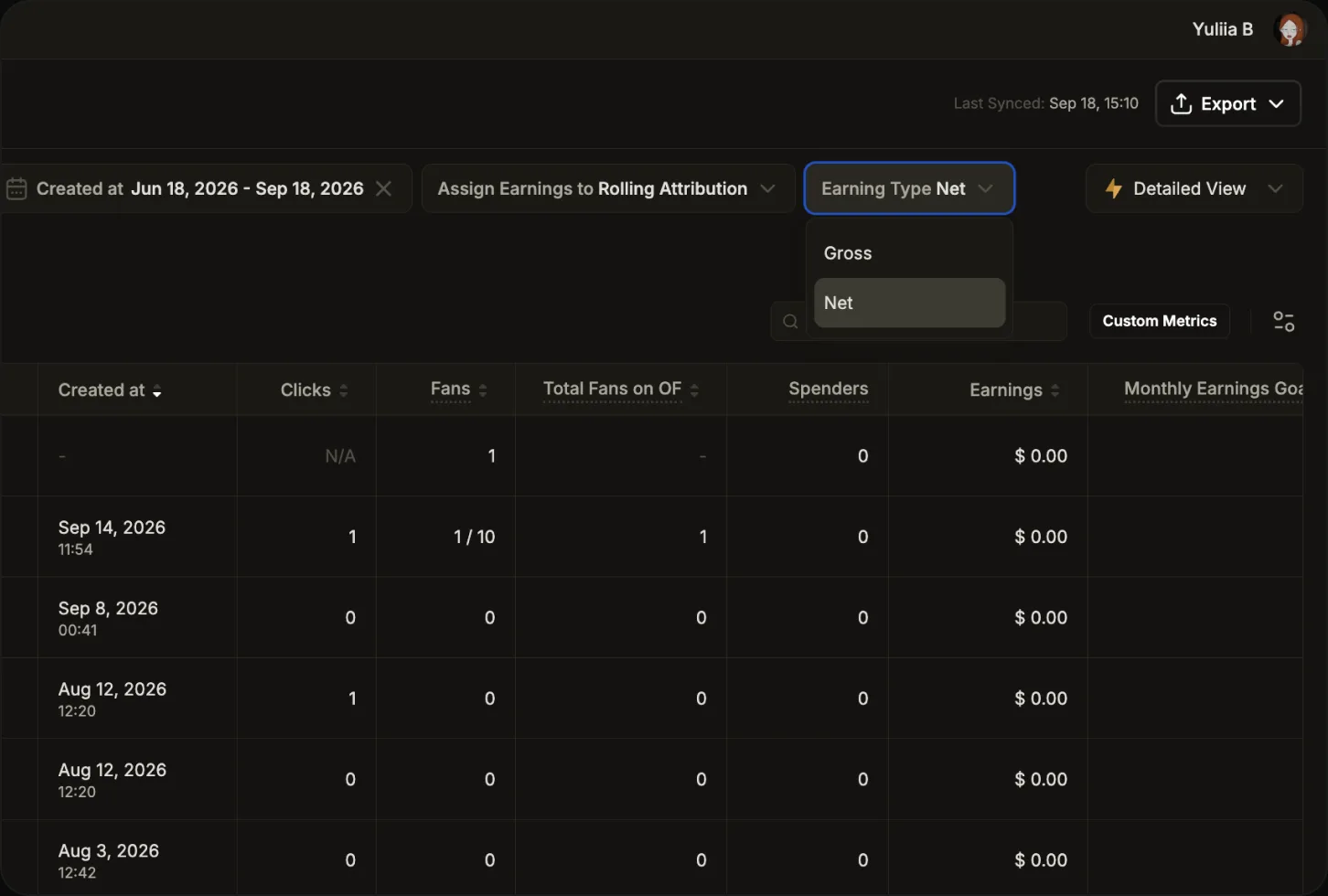 OnlyMonster earning type menu switching between Gross and Net